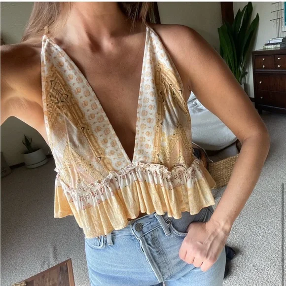 Free People Brighter Than Sunshine Tank Multi Print Ruffled Crop Top - Picture 3 of 6